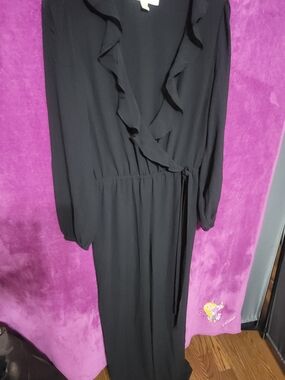 Michael Kors Black Long-Sleeve Ruffle Wrap Jumpsuit with Tie Waist